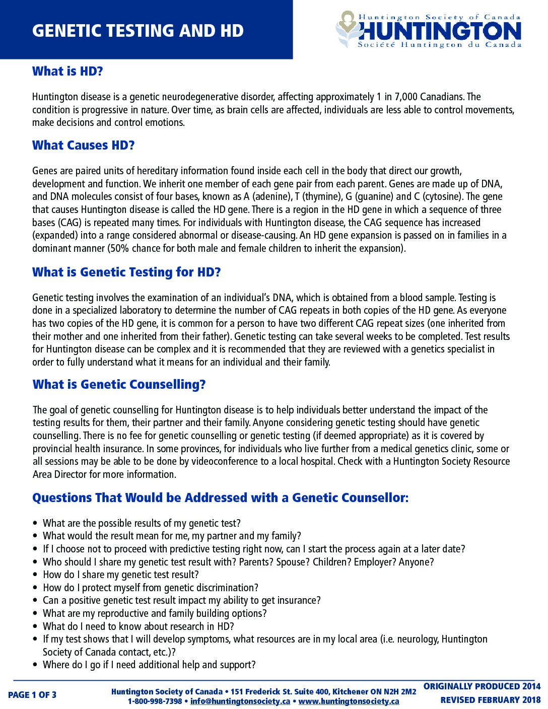 Genetic Testing Fact Sheet Feb Huntington Society Of Canada