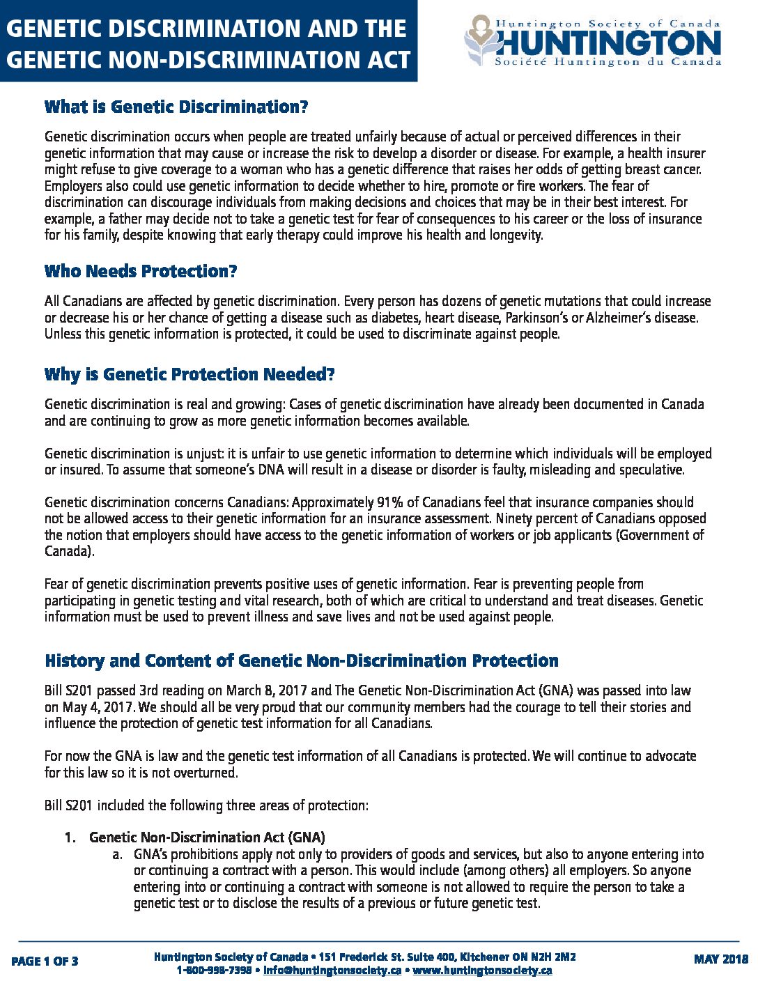 Genetic Discrimination Fact Sheet 2018 | Huntington Society of Canada